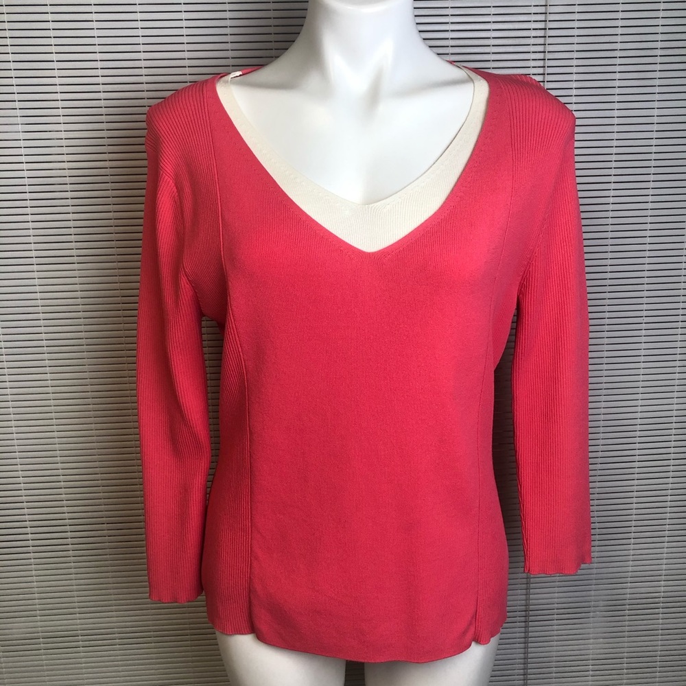 Coral and White V Neck Long Sleeve Top